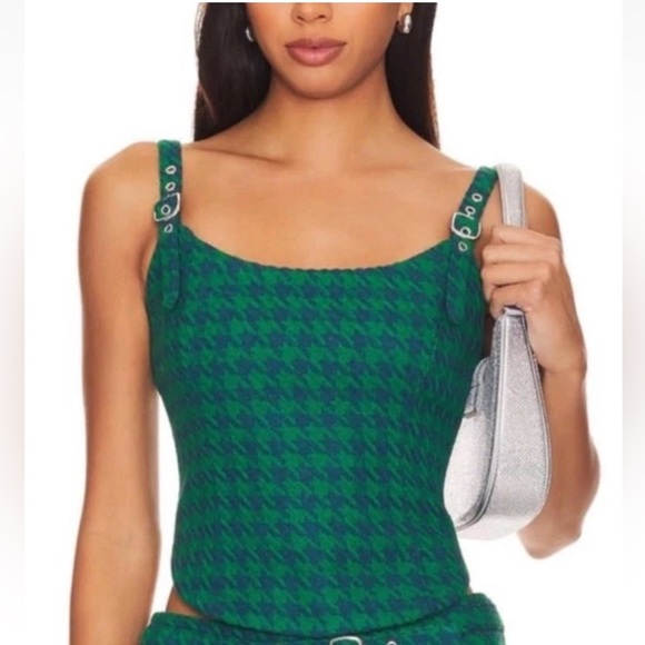 Lovers and Friends Blue Green Houndstooth Print Corset Top XS - Picture 1 of 10